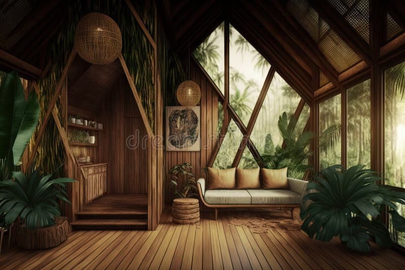 Exotic Interior of Hut in Jungle Interior Design with Wooden Walls and ...