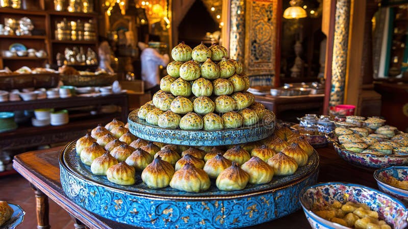 Exotic pastries buffet display, ornate shop stock image