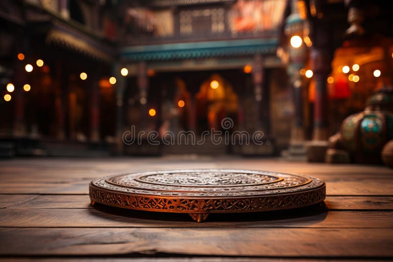 Exotic podium for displaying products. Background oriental bazaar. AI generated.