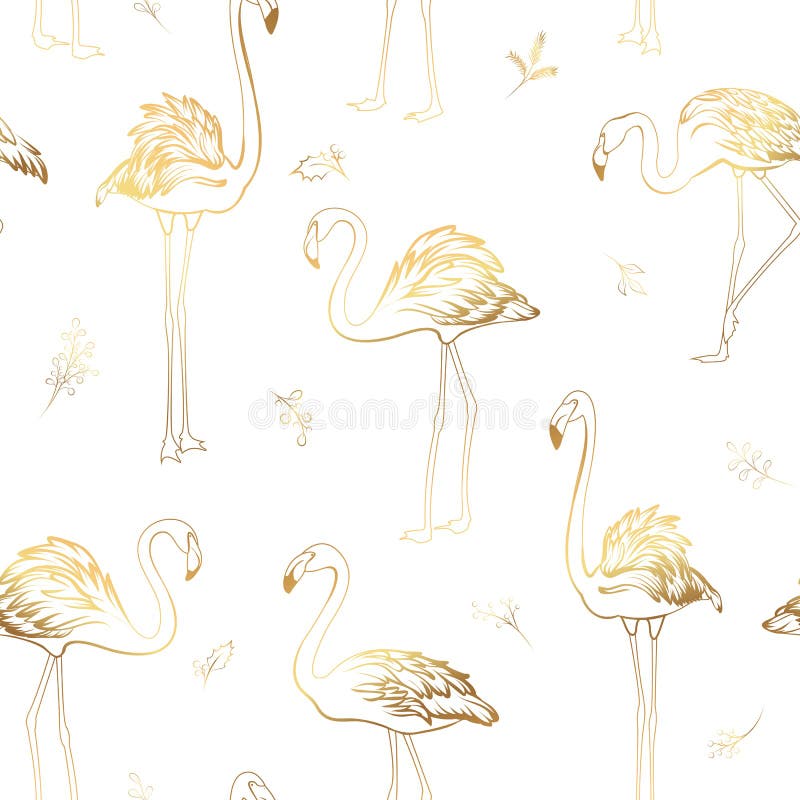 Exotic tropical flamingo birds mistletoe elements seamless pattern. Bright shiny golden colors on white background. vector illustration