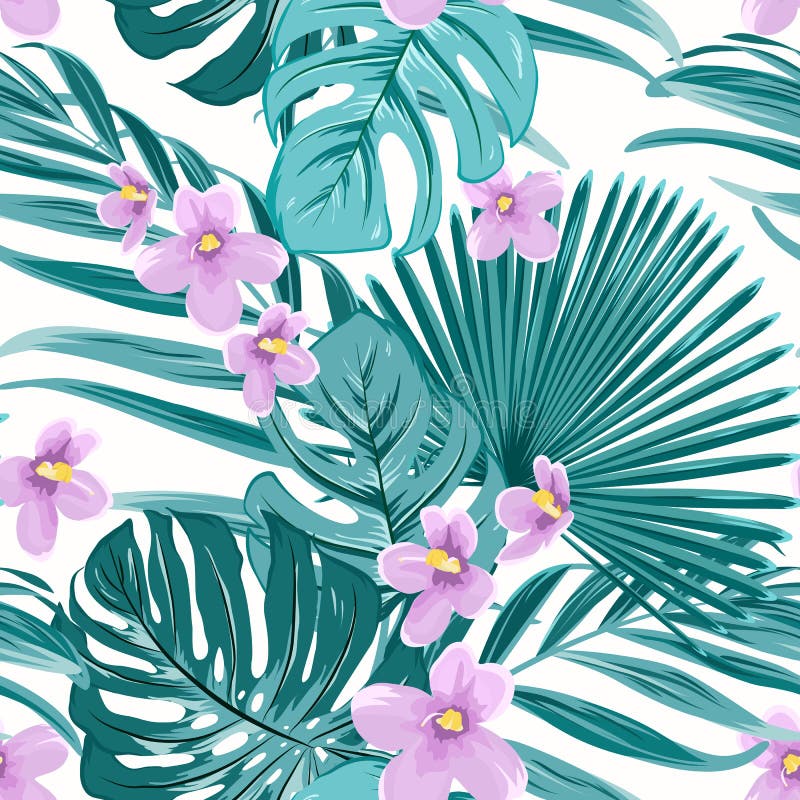 Exotic tropical floral greenery seamless pattern royalty free illustration