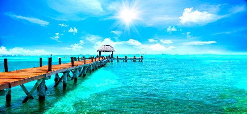 Exotic tropical resort. Jetty near Cancun, Mexico. Travel and vacations concept