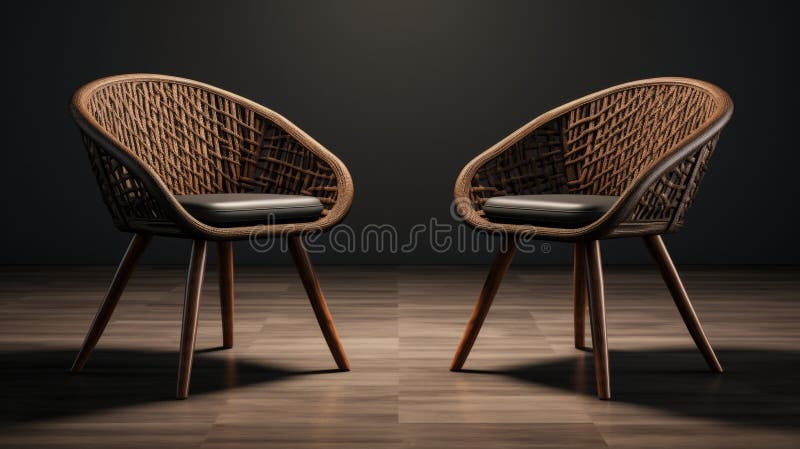 Exotic Wicker Chairs In Unreal Engine 5: Precisionist Style For Functional Elegance. two chairs with different frames, one rounded and traditional vietnamese, placed on a dark floor. the intricate weaving on the seats adds a touch of elegance. this daz3d style photo, captured by henry scott tuke, combines natural and man-made elements seamlessly. the 32k uhd resolution ensures every detail is brought to life. ai generated