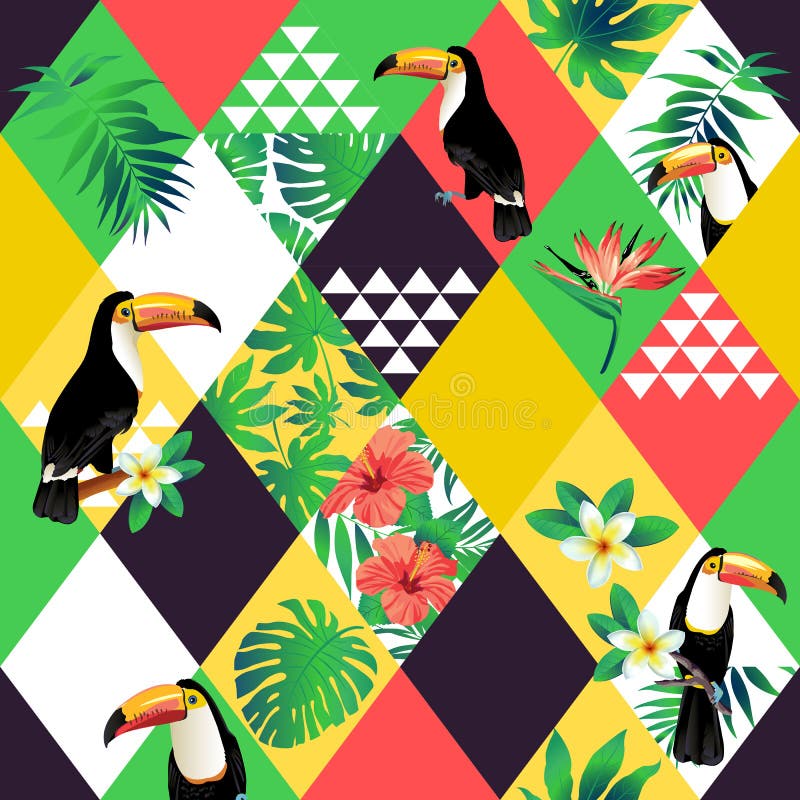 Exotisch strand in naadloos patroon, lapwerk geïllustreerde bloemen vector tropische bladeren Wildernis roze toekan royalty-vrije illustratie Exotisch strand in naadloos patroon, lapwerk geïllustreerde bloemen vector tropische bladeren Wildernis roze toekan royalty-vrije illustratie