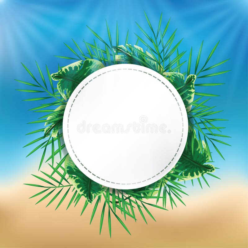 Exotisk djungelväxt med det vita tecknet på sommarstrandbakgrund stock illustrationer Exotisk djungelväxt med det vita tecknet på sommarstrandbakgrund stock illustrationer
