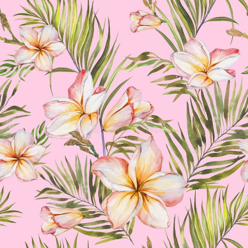 Exotiska plumeriablommor och gröna palmblad i sömlös tropisk modell Ljus - rosa bakgrund, pastellfärgade skuggor stock illustrationer