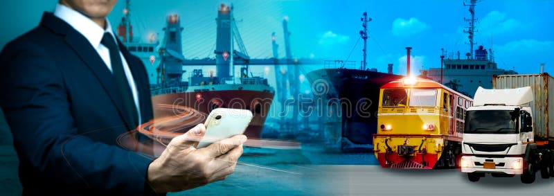 Expansion of the background logistic network. In front of an industrial container freight ship, there is a logistics and stock images