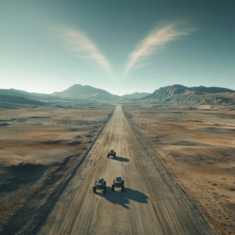 Expansive Desert Landscape with Off-Road Vehicles and Mountains