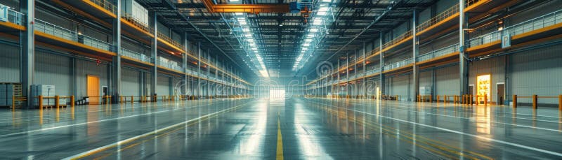 Expansive distribution center, clean design, front view, showing logistic capabilities, scifi tone, Splitcomplementary color stock photos