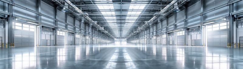 Expansive distribution center, clean design, front view, showing logistic capabilities, scifi tone, Splitcomplementary color stock photography