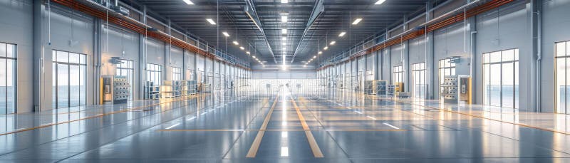 Expansive distribution center, clean design, front view, showing logistic capabilities, scifi tone, Splitcomplementary color royalty free stock images