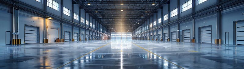 Expansive distribution center, clean design, front view, showing logistic capabilities, scifi tone, Splitcomplementary color royalty free stock image