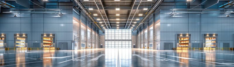 Expansive distribution center, clean design, front view, showing logistic capabilities, scifi tone, Splitcomplementary color royalty free stock image