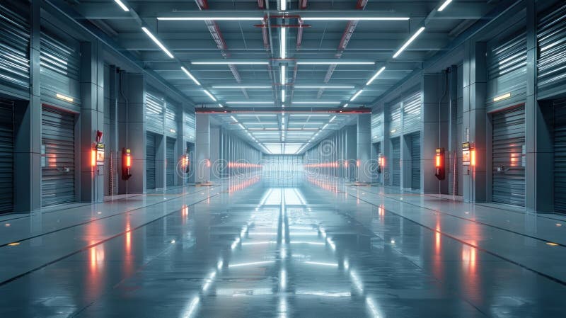Expansive distribution center, clean design, front view, showing logistic capabilities, scifi tone, Splitcomplementary color royalty free stock images