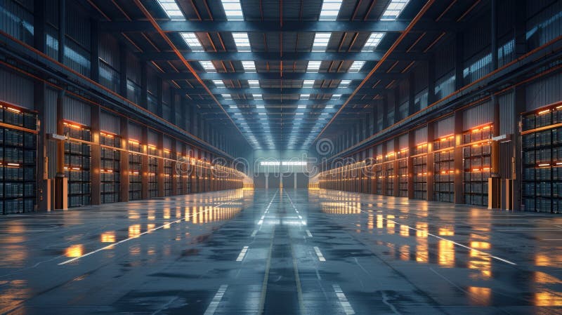 Expansive distribution center, clean design, front view, showing logistic capabilities, scifi tone, Splitcomplementary color royalty free stock images