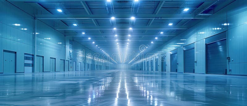 Expansive distribution center, clean design, front view, showing logistic capabilities, scifi tone, Splitcomplementary color stock image
