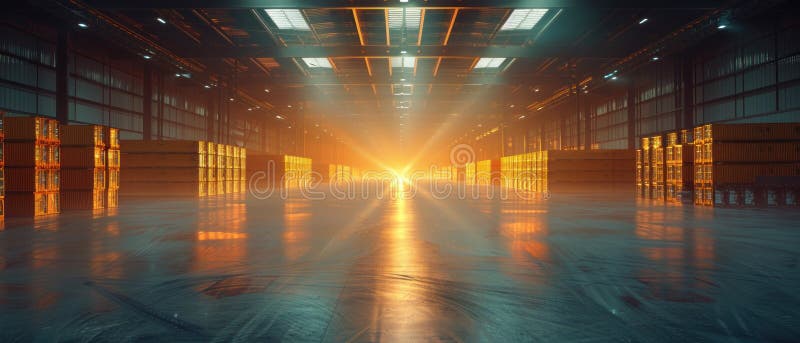 Expansive distribution center, clean design, front view, showing logistic capabilities, scifi tone, Splitcomplementary color royalty free stock photos