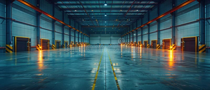 Expansive distribution center, clean design, front view, showing logistic capabilities, scifi tone, Splitcomplementary color stock photography