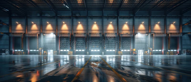 Expansive distribution center, clean design, front view, showing logistic capabilities, scifi tone, Splitcomplementary color stock photography