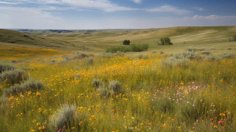 Expansive Grasslands and Wildflowers Stock Illustration - Illustration ...