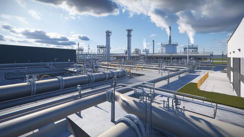 Expansive Industrial Landscape Featuring Detailed Pipework and Structures. This image showcases an expansive industrial landscape characterized by intricate pipework and various structures under a dramatic sky. Ideal for industrial-themed projects