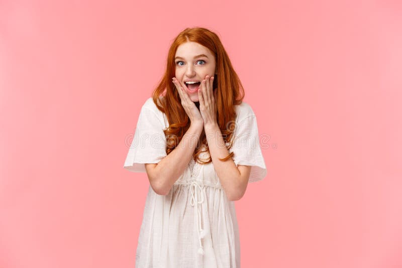 Expectation Anticipation And Happiness Concept Amused Cute Redhead Silly Girl Looking