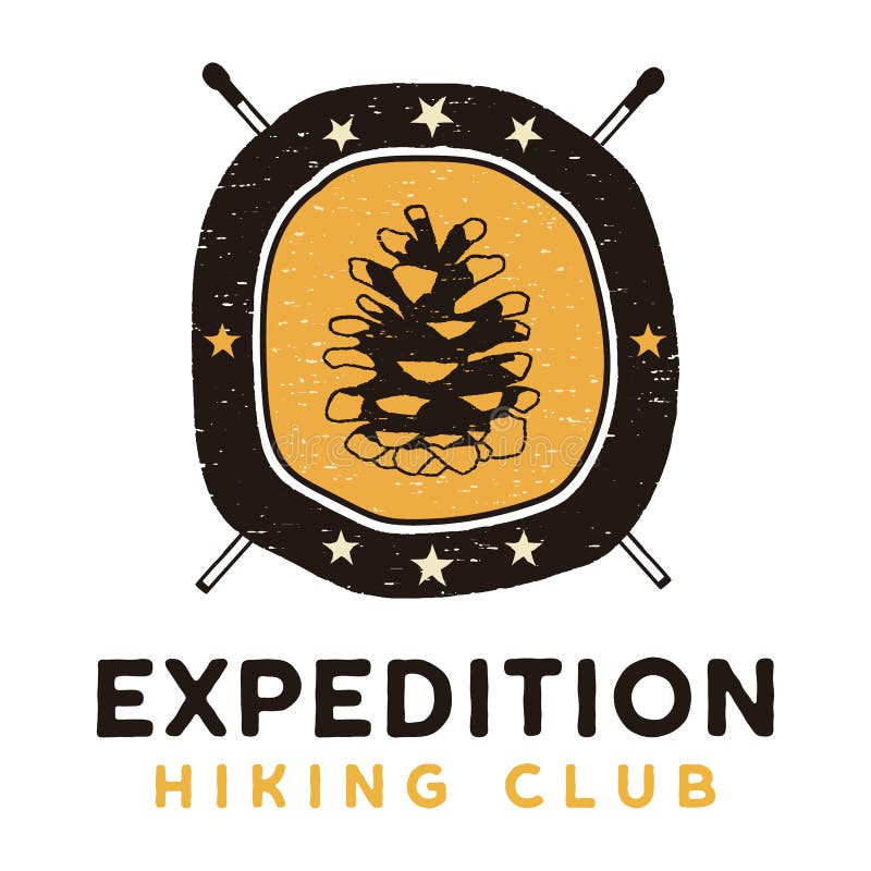 Expedition Hiking Club logo, retro camping adventure emblem design with a conifer cone and matches. Unusual vintage art