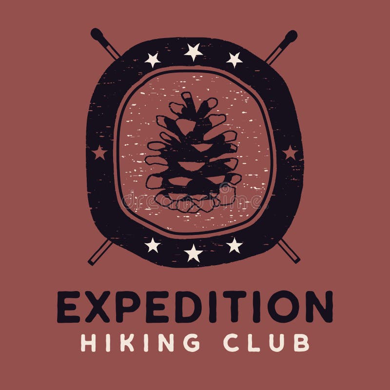 Expedition Hiking Club logo, retro camping adventure emblem design with a conifer cone and matches. Unusual vintage art