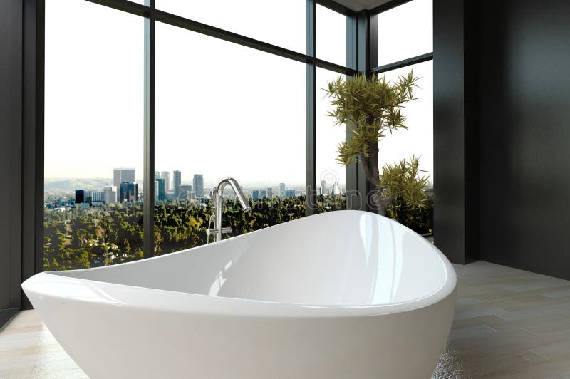 A 3d rendering of an expensive luxury bathtub against panoramic window with cityscape view