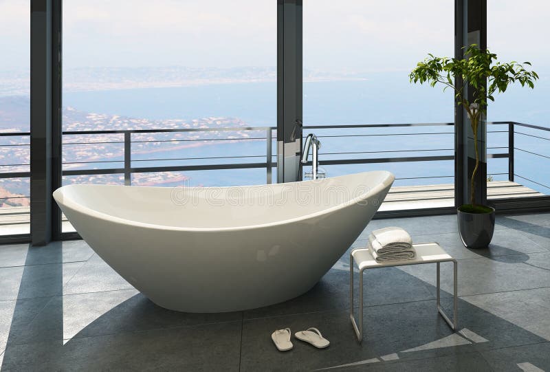 A 3d rendering of an expensive luxury bathtub against panoramic window with seascape view
