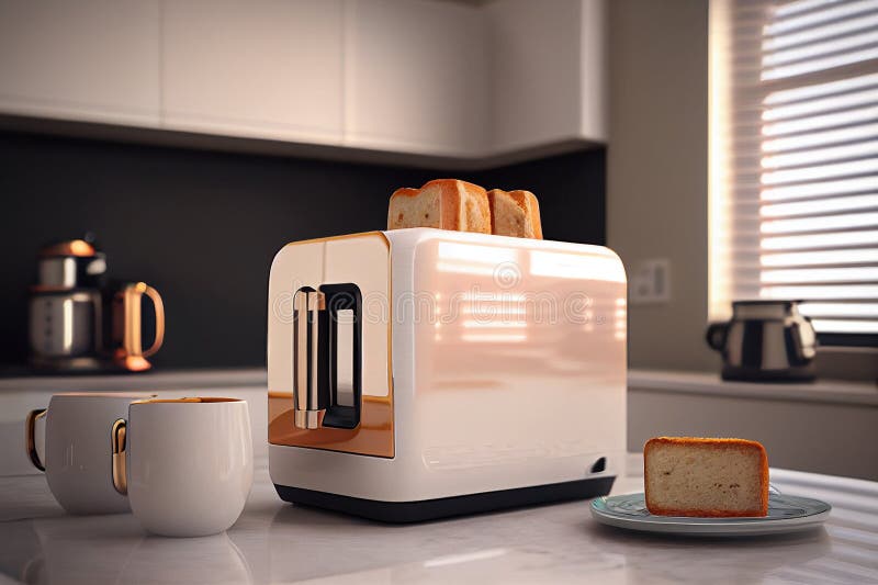 Toaster with Dishes and Sandwiches on a Light Kitchen Table Stock