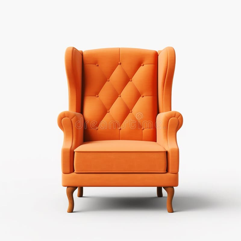 Orange Wingback Lounge Chair and Wooden Coffee Table Against Wild Stone