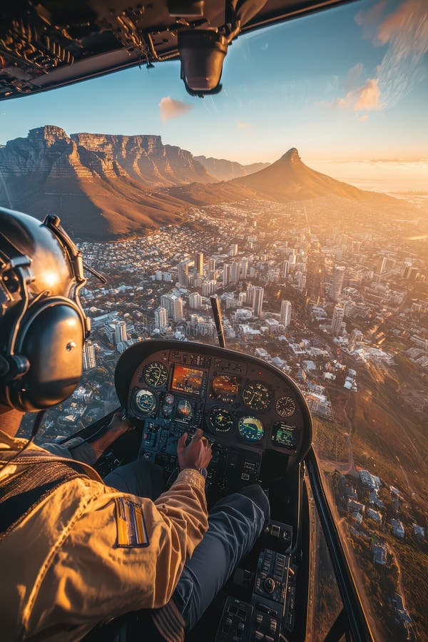 A helicopter pilot navigates over a sunlit city with stunning aerial views of mountains and urban landscape during royalty free stock photography