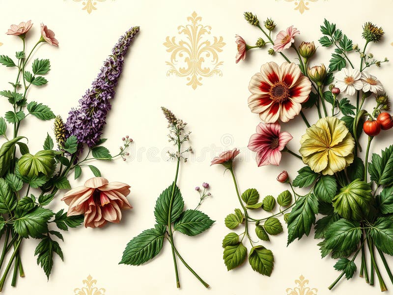 A Stunning Herbarium Display Floral Artwork on Antique Wallpaper Adds a Touch of Vintage Elegance to Any Home stock illustration