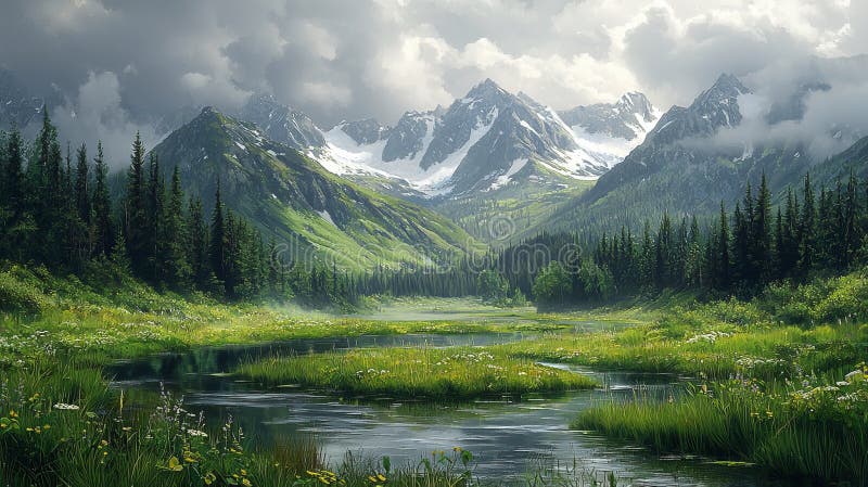 Experience a dreamy vacation in Alaska during sunny weather, characterized by minimalist landscapes. A serene natural