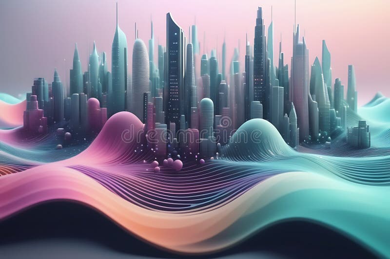 Peisaj informatic futurist cu puncte pulsante și tehnologia valurilor curgătoare de fundal cibernetic de fundal abstract 3d vector illustration