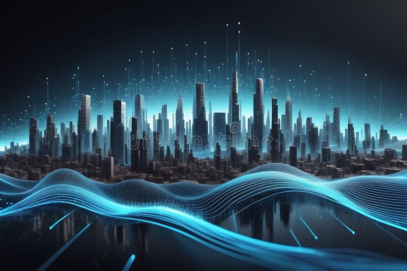 Peisaj informatic futurist cu puncte pulsante și tehnologia valurilor curgătoare de fundal cibernetic de fundal abstract 3d vector illustration