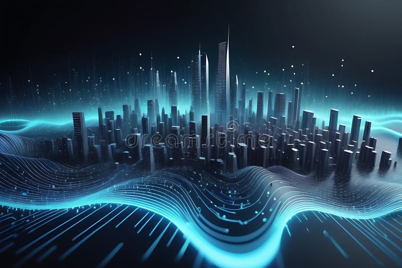Peisaj informatic futurist cu puncte pulsante și tehnologia valurilor curgătoare de fundal cibernetic de fundal abstract 3d stock illustration