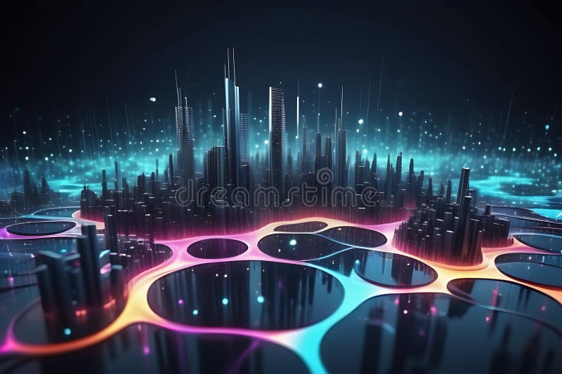 Peisaj informatic futurist cu puncte pulsante și tehnologia valurilor curgătoare de fundal cibernetic de fundal abstract 3d royalty free illustration