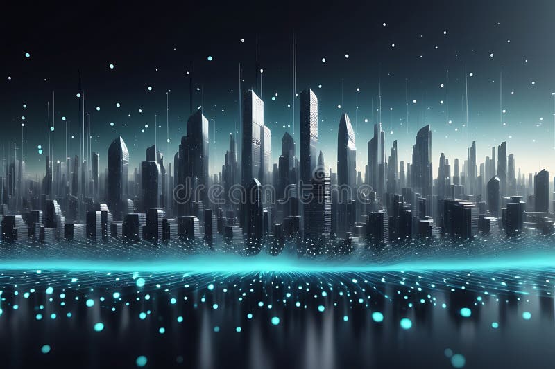 Peisaj informatic futurist cu puncte pulsante și tehnologia valurilor curgătoare de fundal cibernetic de fundal abstract 3d stock illustration