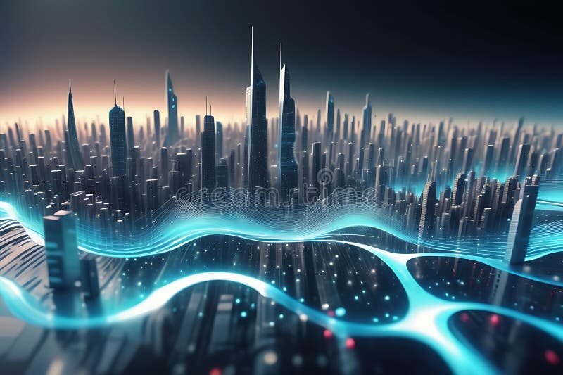 Peisaj informatic futurist cu puncte pulsante și tehnologia valurilor curgătoare de fundal cibernetic de fundal abstract 3d royalty free illustration