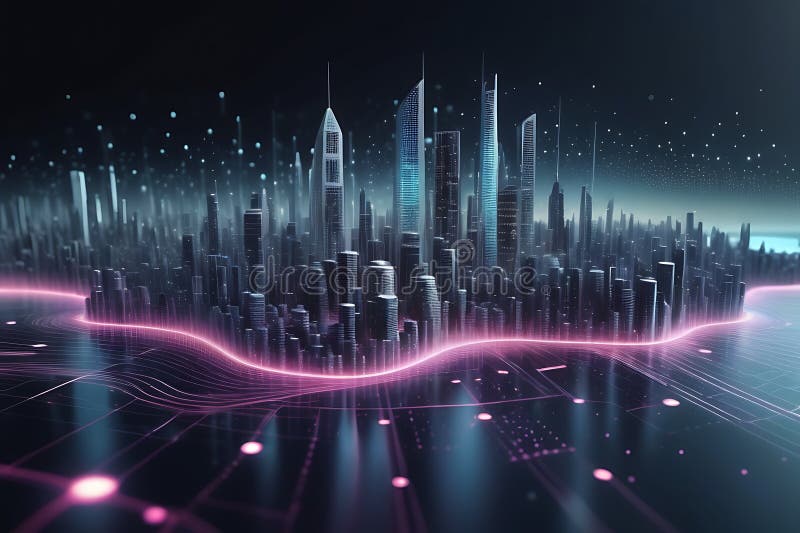 Peisaj informatic futurist cu puncte pulsante și tehnologia valurilor curgătoare de fundal cibernetic de fundal abstract 3d stock illustration