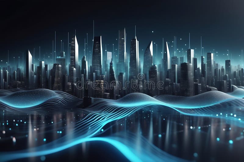 Peisaj informatic futurist cu puncte pulsante și tehnologia valurilor curgătoare de fundal cibernetic de fundal abstract 3d royalty free illustration