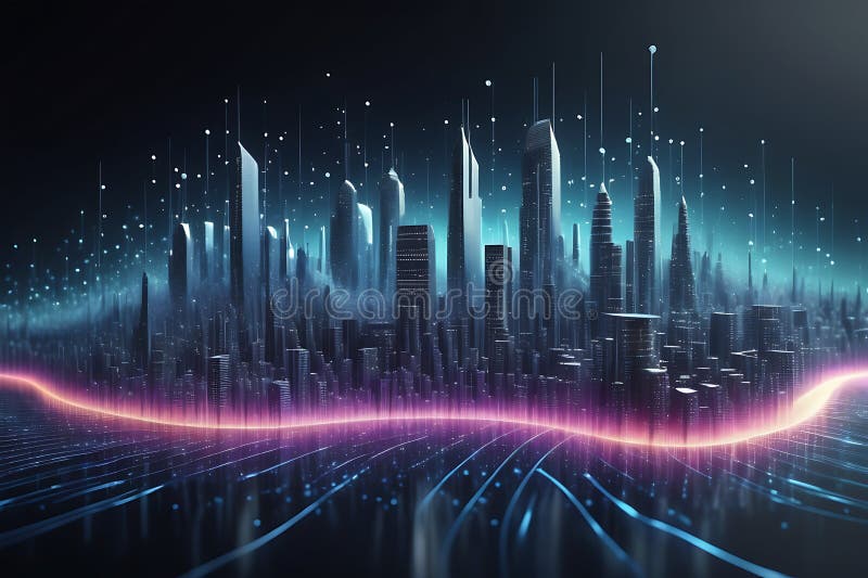 Peisaj informatic futurist cu puncte pulsante și tehnologia valurilor curgătoare de fundal cibernetic de fundal abstract 3d vector illustration