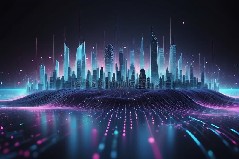 Peisaj informatic futurist cu puncte pulsante și tehnologia valurilor curgătoare de fundal cibernetic de fundal abstract 3d stock illustration