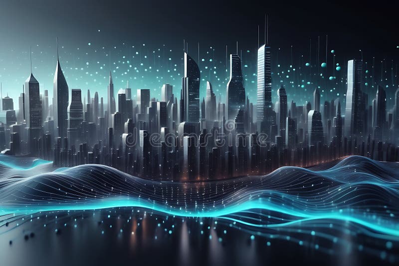 Peisaj informatic futurist cu puncte pulsante și tehnologia valurilor curgătoare de fundal cibernetic de fundal abstract 3d royalty free illustration