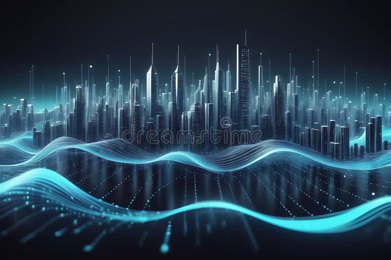 Peisaj informatic futurist cu puncte pulsante și tehnologia valurilor curgătoare de fundal cibernetic de fundal abstract 3d royalty free illustration