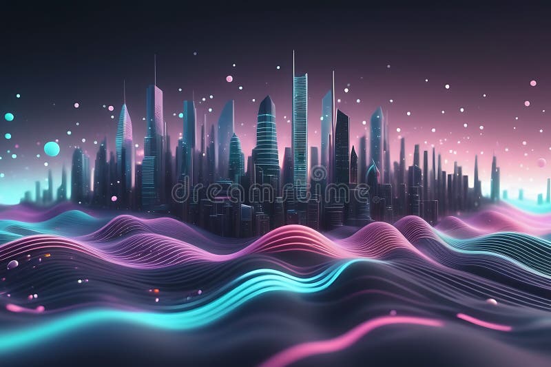 Peisaj informatic futurist cu puncte pulsante și tehnologia valurilor curgătoare de fundal cibernetic de fundal abstract 3d vector illustration