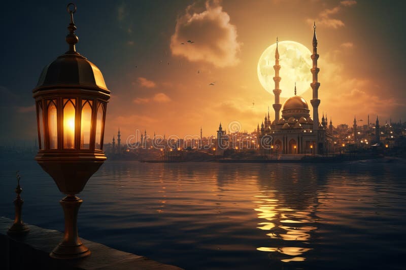 Majestic Mosque: A Stunning Lantern and Moonlit Night. Experience the enchanting glow of a lantern in front of a majestic mosque, illuminated by the shimmering moon. A captivating blend of beauty and serenity. #mosque #moonlight #serenity