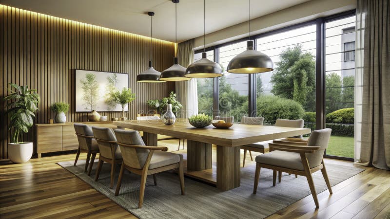 Spacious and Stylish Modern Dining Room A Warm and Inviting Space for Elegant Gatherings vector illustration